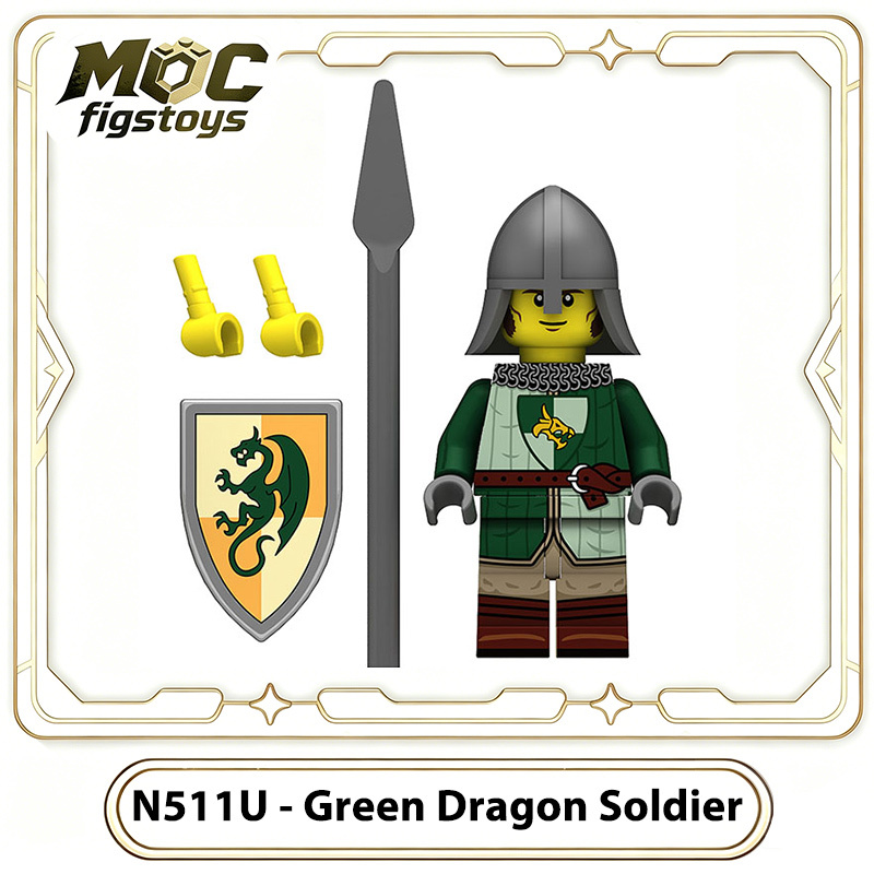 Medieval Knight Green Dragon Solider Lion Warriors Minifigures Building Blocks UV Printed King Shield Spear Weapon Toys Gifts N511U-517U