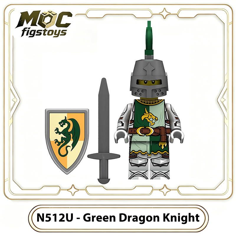Medieval Knight Green Dragon Solider Lion Warriors Minifigures Building Blocks UV Printed King Shield Spear Weapon Toys Gifts N511U-517U