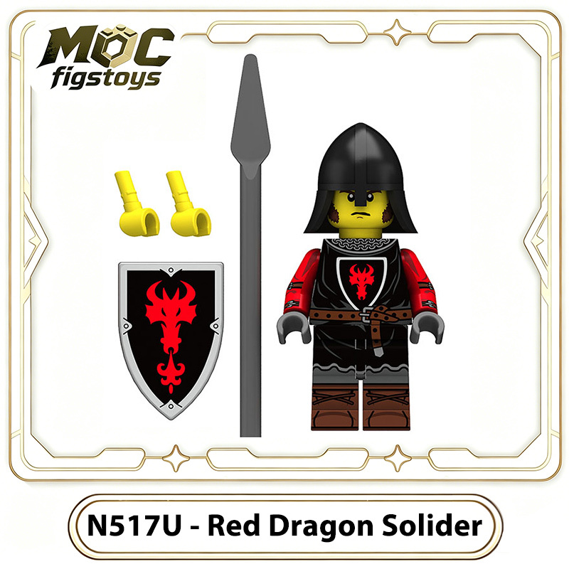 Medieval Knight Green Dragon Solider Lion Warriors Minifigures Building Blocks UV Printed King Shield Spear Weapon Toys Gifts N511U-517U