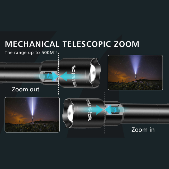 Smiling Shark 6000 Lumens 5500Mah 8 Hours  Long Last Led Torch Rechargeable Torch Flashlight 4 Mode Super Bright  Torches Rechargeable Torches Led Rechargeable Torch Llight Rechargeable-4modes Zoomable Waterproof for Camping Hiking Working-SD5225