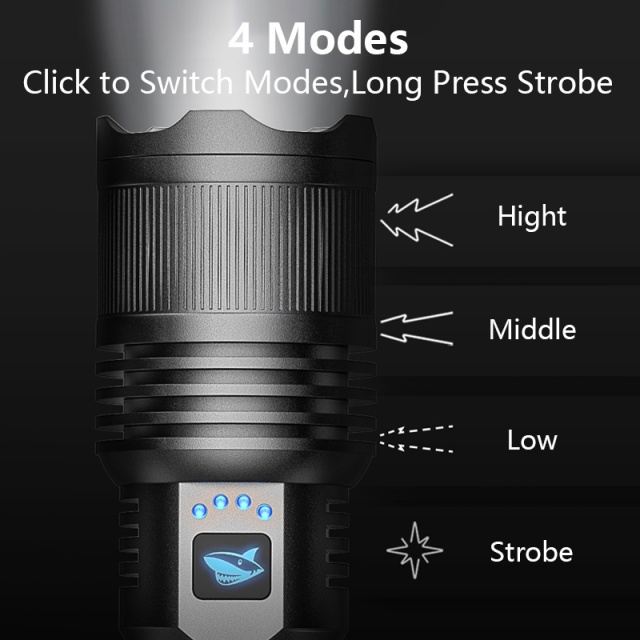 Smiling Shark 6000 Lumens 5500Mah 8 Hours  Long Last Led Torch Rechargeable Torch Flashlight 4 Mode Super Bright  Torches Rechargeable Torches Led Rechargeable Torch Llight Rechargeable-4modes Zoomable Waterproof for Camping Hiking Working-SD5212