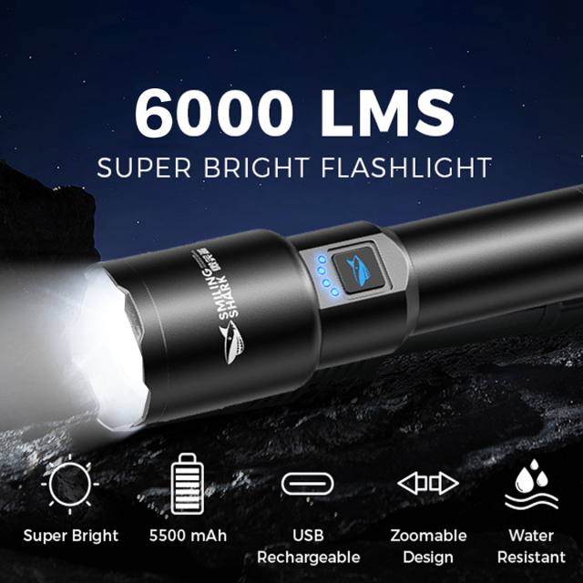 Smiling Shark 6000 Lumens 5500Mah 8 Hours  Long Last Led Torch Rechargeable Torch Flashlight 4 Mode Super Bright  Torches Rechargeable Torches Led Rechargeable Torch Llight Rechargeable-4modes Zoomable Waterproof for Camping Hiking Working-SD5225