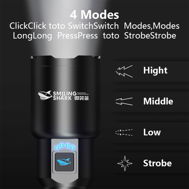 Smiling Shark 6000 Lumens 5500Mah 8 Hours  Long Last Led Torch Rechargeable Torch Flashlight 4 Mode Super Bright  Torches Rechargeable Torches Led Rechargeable Torch Llight Rechargeable-4modes Zoomable Waterproof for Camping Hiking Working-SD5225