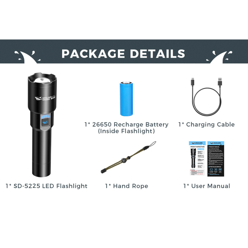Smiling Shark 6000 Lumens 5500Mah 8 Hours  Long Last Led Torch Rechargeable Torch Flashlight 4 Mode Super Bright  Torches Rechargeable Torches Led Rechargeable Torch Llight Rechargeable-4modes Zoomable Waterproof for Camping Hiking Working-SD5225