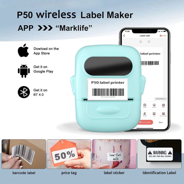 Mini Portable Sticker Thermal Printer Bluetooth Barcode Label Printers-P50