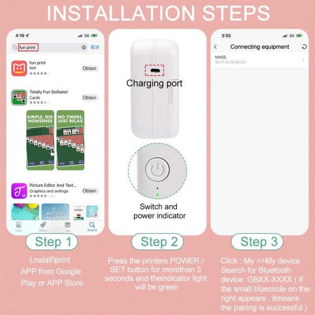 Portable Bluetooth Mini Thermal Printer & 5 Rolls Self Adhesive Paper-C15SE