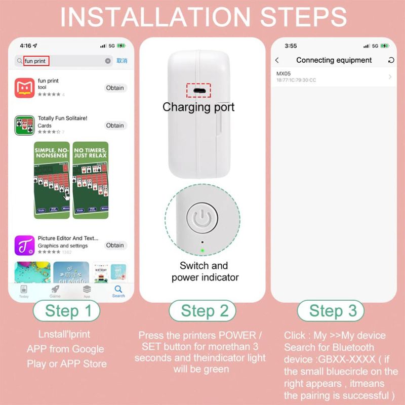 Portable Bluetooth Mini Thermal Printer & 5 Rolls Self Adhesive Paper-C15SE