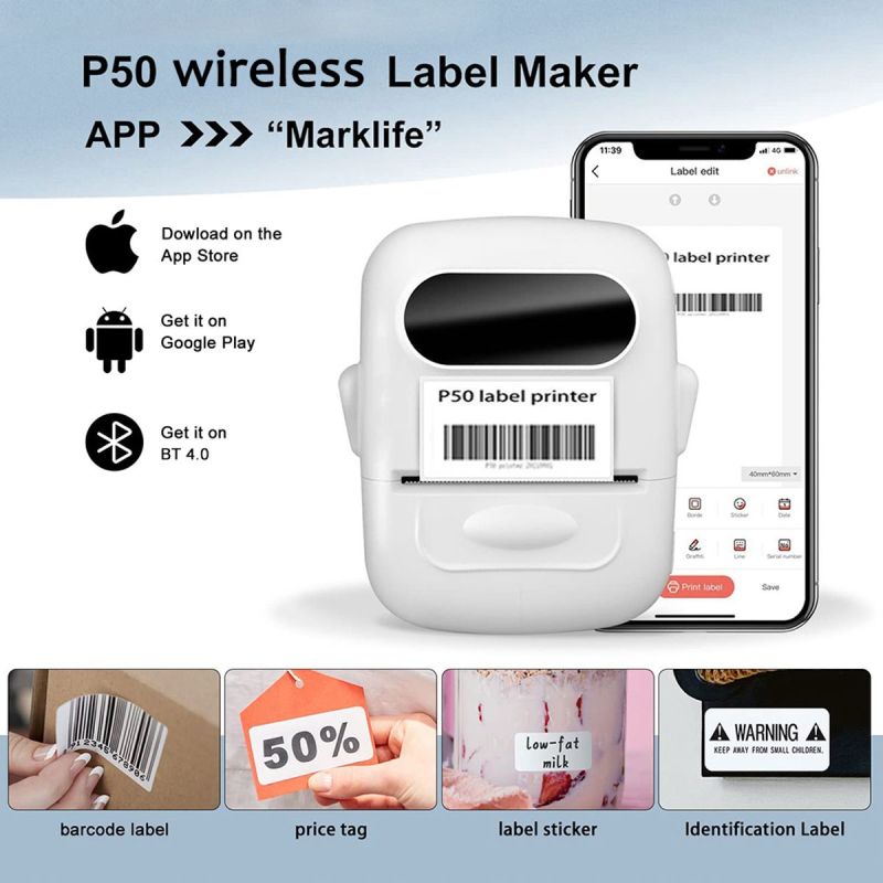 Mini Portable Sticker Thermal Printer Bluetooth Barcode Label Printers-P50