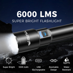 Smiling Shark 6000 Lumens 5500Mah 8 Hours  Long Last Led Torch Rechargeable Torch Flashlight 4 Mode Super Bright  Torches Rechargeable Torches Led Rechargeable Torch Llight Rechargeable-4modes Zoomable Waterproof for Camping Hiking Working-SD5212