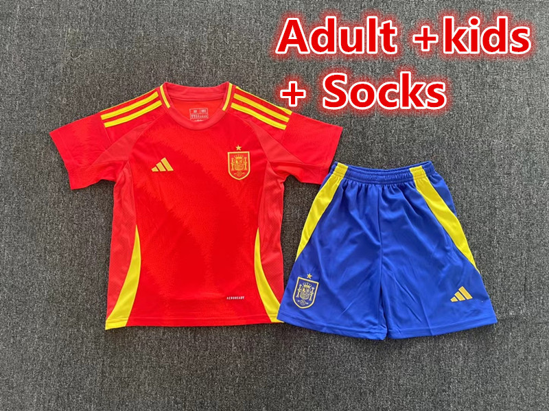 + socks Adult + kids Kit 24 25 Spain jersey adult football shirt children's wear soccer jersey Football jersey 2024 Spain soccer jersey kids + Adult kit children