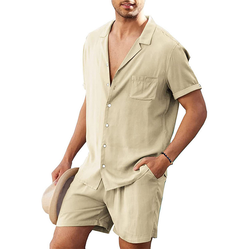 New men's linen short-sleeved shirt suit linen summer loose casual cotton and linen cardigan shirt shorts