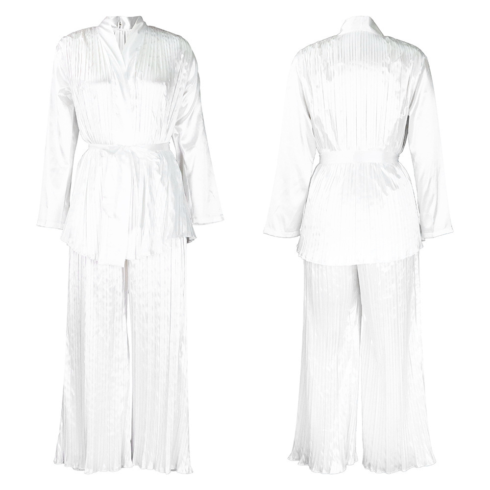 Solid color pleated loose long-sleeved strappy shirt and trousers two-piece set