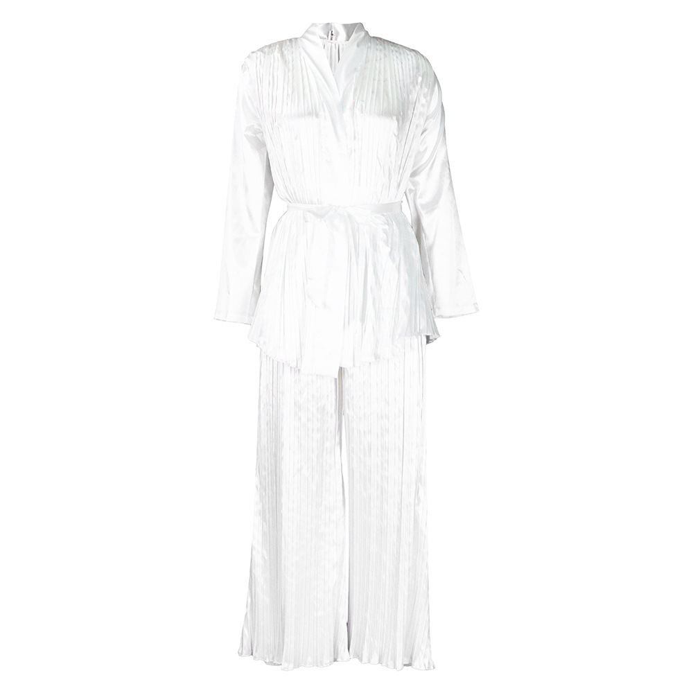 Solid color pleated loose long-sleeved strappy shirt and trousers two-piece set