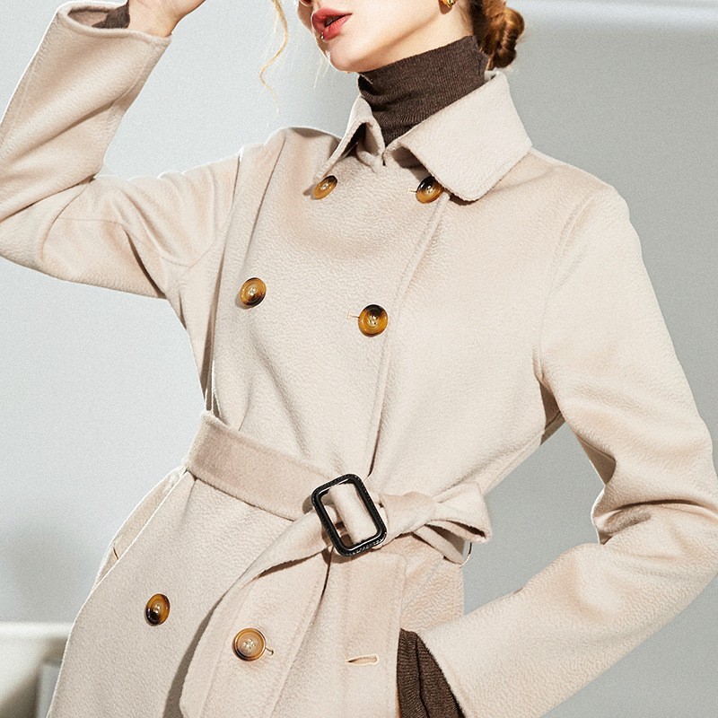 Tweed coat women 2024 fall new lapel cashmere coat double-sided water wave pattern small women long coat