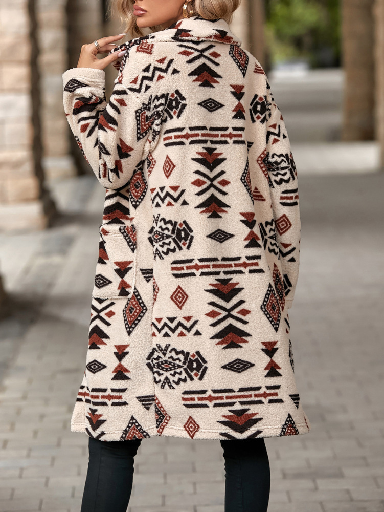 2024 cross-border fall and winter new women's single-breasted ethnic style printing plush long coat jacket