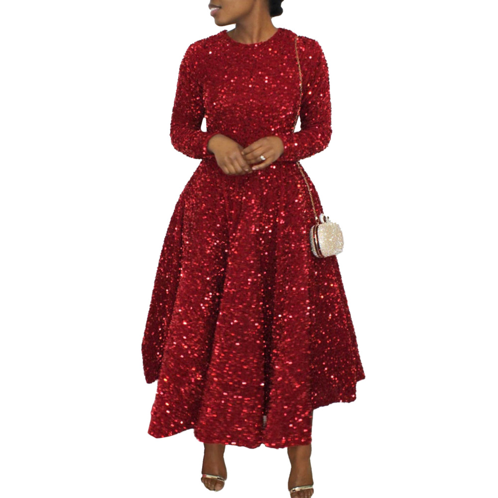 New women's round neck long sleeve solid color sequin high waist temperament mid-length dress-Red