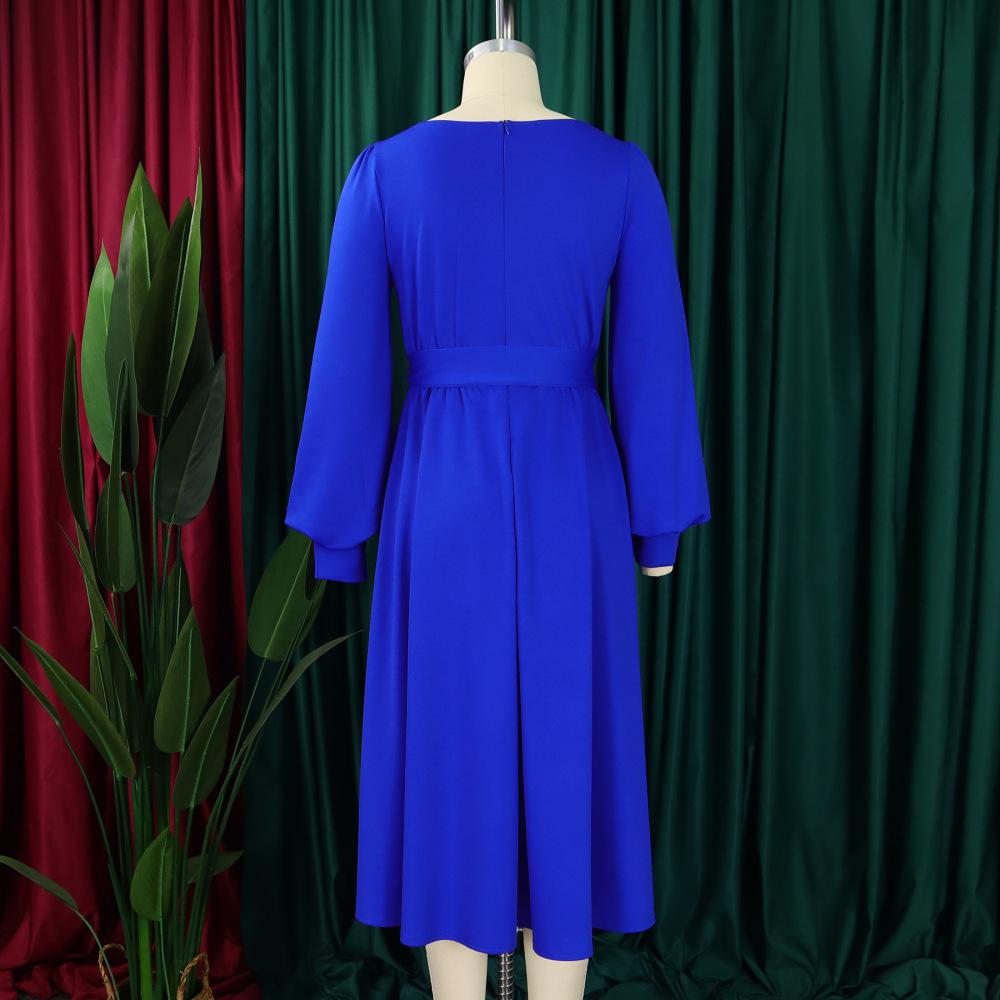 2024 new long-sleeved round neck strap solid color A-line skirt dress
