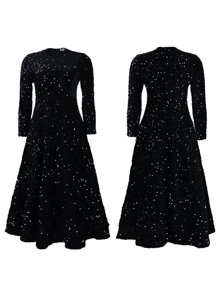 New women's round neck long sleeve solid color sequin high waist temperament mid-length dress-Black