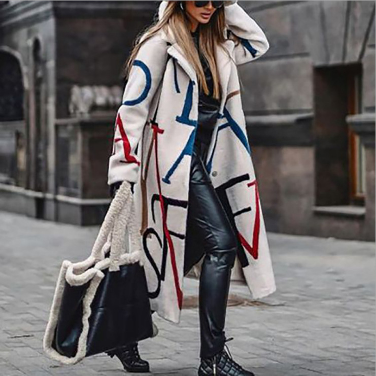 2024 fall and winter new women's loose big yards printed trench coat lapel coat coat women
