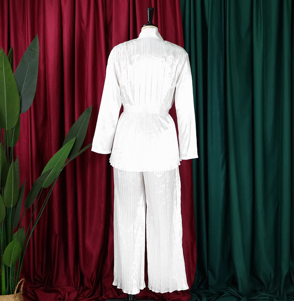 Solid color pleated loose long-sleeved strappy shirt and trousers two-piece set