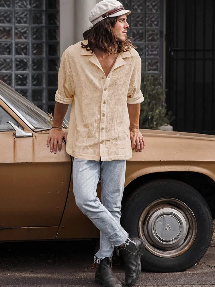 New men's linen short-sleeved shirt suit linen summer loose casual cotton and linen cardigan shirt shorts
