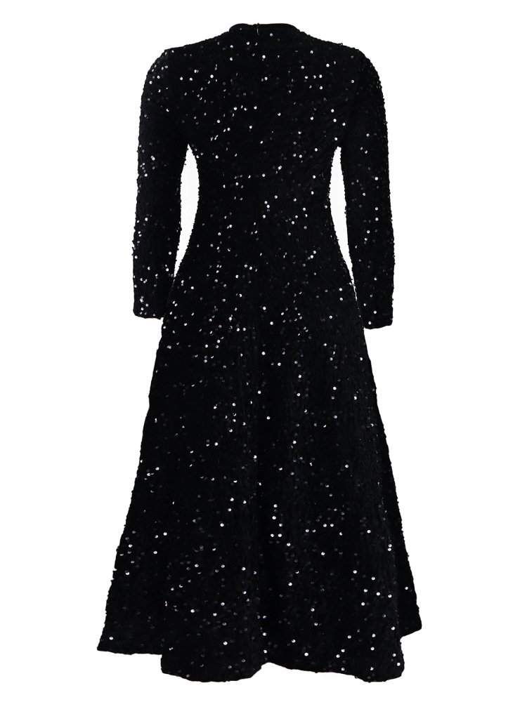 New women's round neck long sleeve solid color sequin high waist temperament mid-length dress-Black