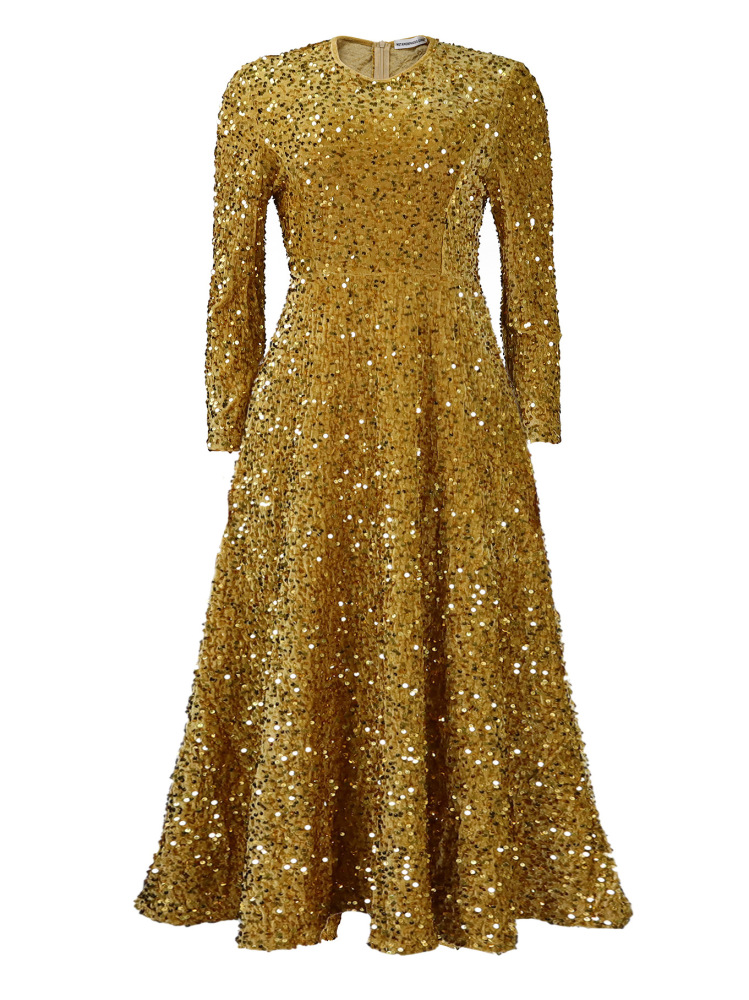 New women's round neck long sleeve solid color sequin high waist temperament mid-length dress-Yellow