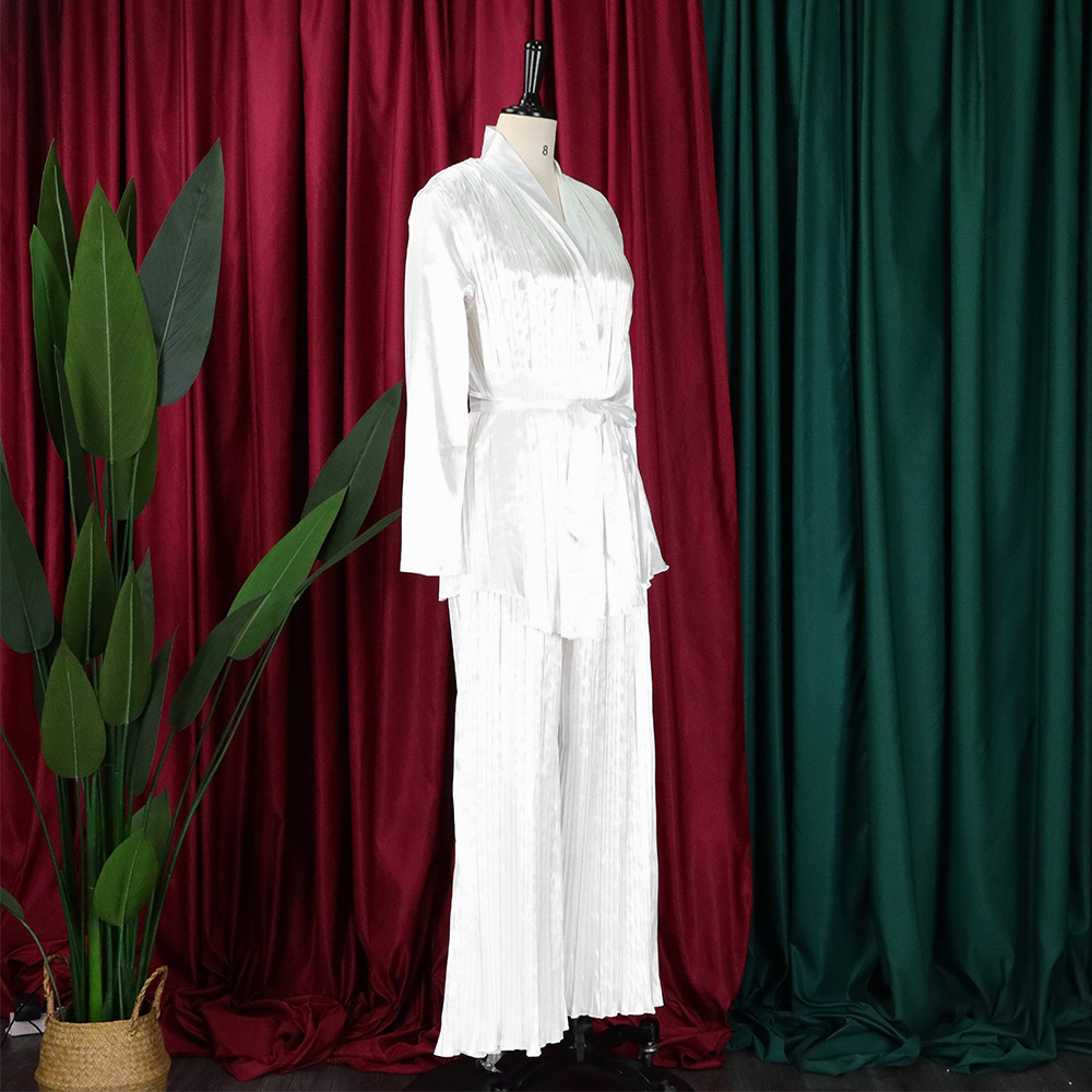 Solid color pleated loose long-sleeved strappy shirt and trousers two-piece set