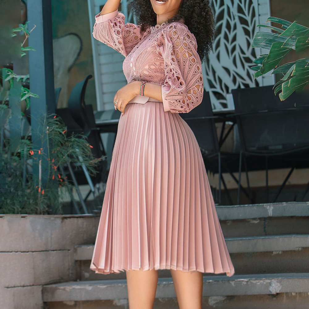 Summer plus size lace crochet sexy hollow pleated dress