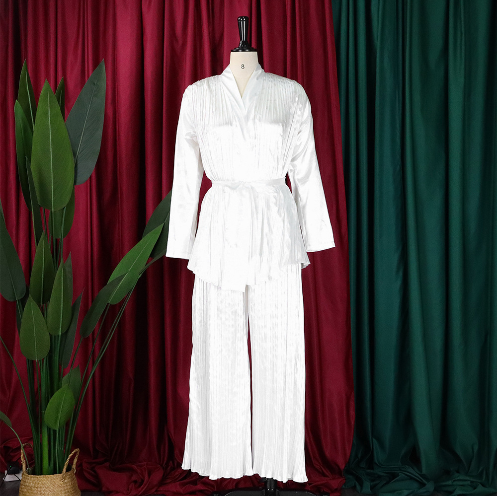 Solid color pleated loose long-sleeved strappy shirt and trousers two-piece set