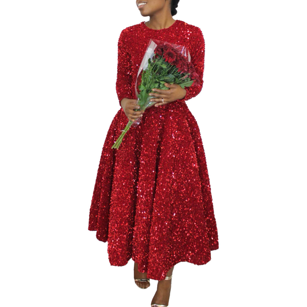 New women's round neck long sleeve solid color sequin high waist temperament mid-length dress-Red
