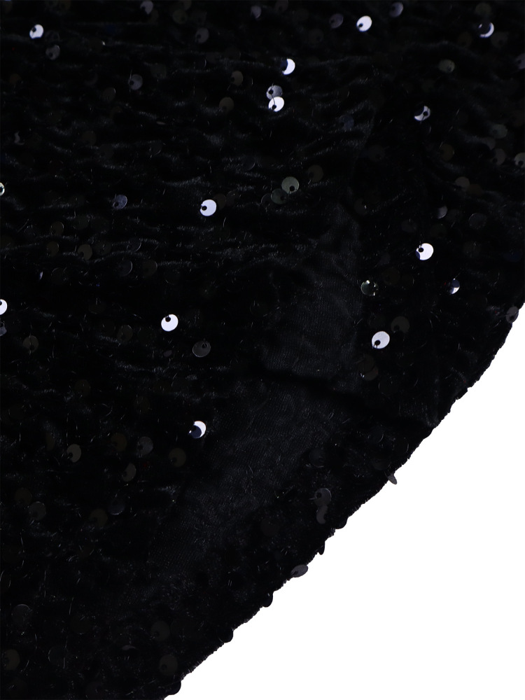 New women's round neck long sleeve solid color sequin high waist temperament mid-length dress-Black