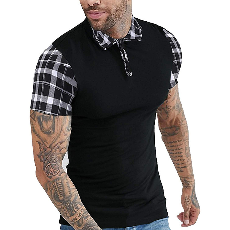 Summer new POLO shirt men's casual splicing short-sleeved polo shirt men's large size zipper plaid T-shirt