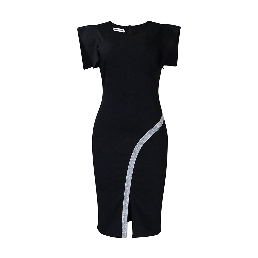 2024 Summer New Short Sleeve Package Hip Tight Temperament Tongle Split Bright Edge Foreign Trade Dresses