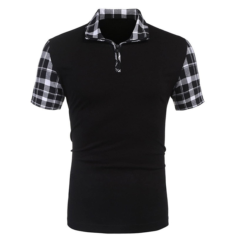Summer new POLO shirt men's casual splicing short-sleeved polo shirt men's large size zipper plaid T-shirt