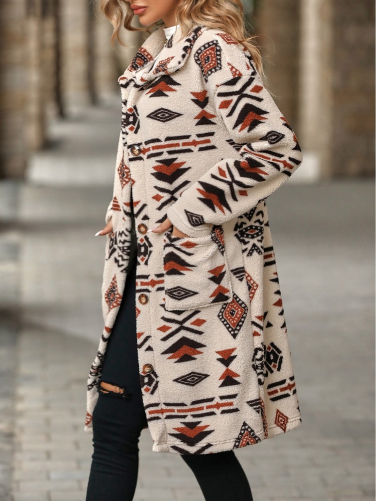 2024 cross-border fall and winter new women's single-breasted ethnic style printing plush long coat jacket