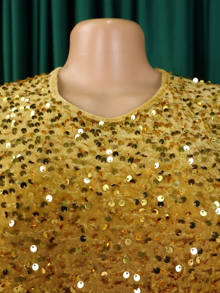 New women's round neck long sleeve solid color sequin high waist temperament mid-length dress-Yellow