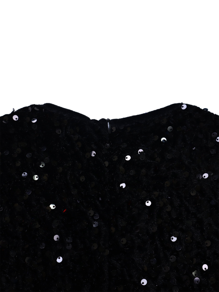 New women's round neck long sleeve solid color sequin high waist temperament mid-length dress-Black