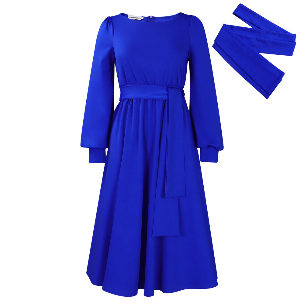 2024 new long-sleeved round neck strap solid color A-line skirt dress