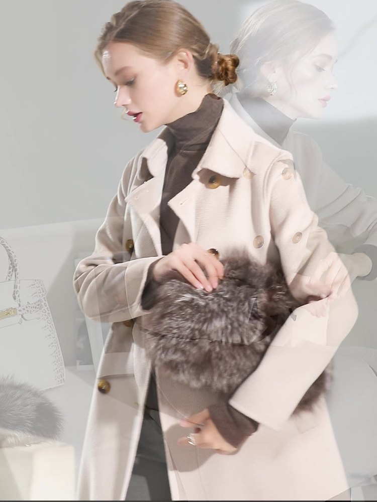 Tweed coat women 2024 fall new lapel cashmere coat double-sided water wave pattern small women long coat