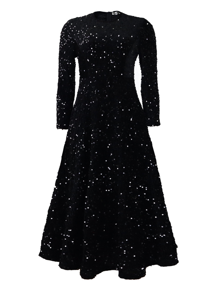 New women's round neck long sleeve solid color sequin high waist temperament mid-length dress-Black