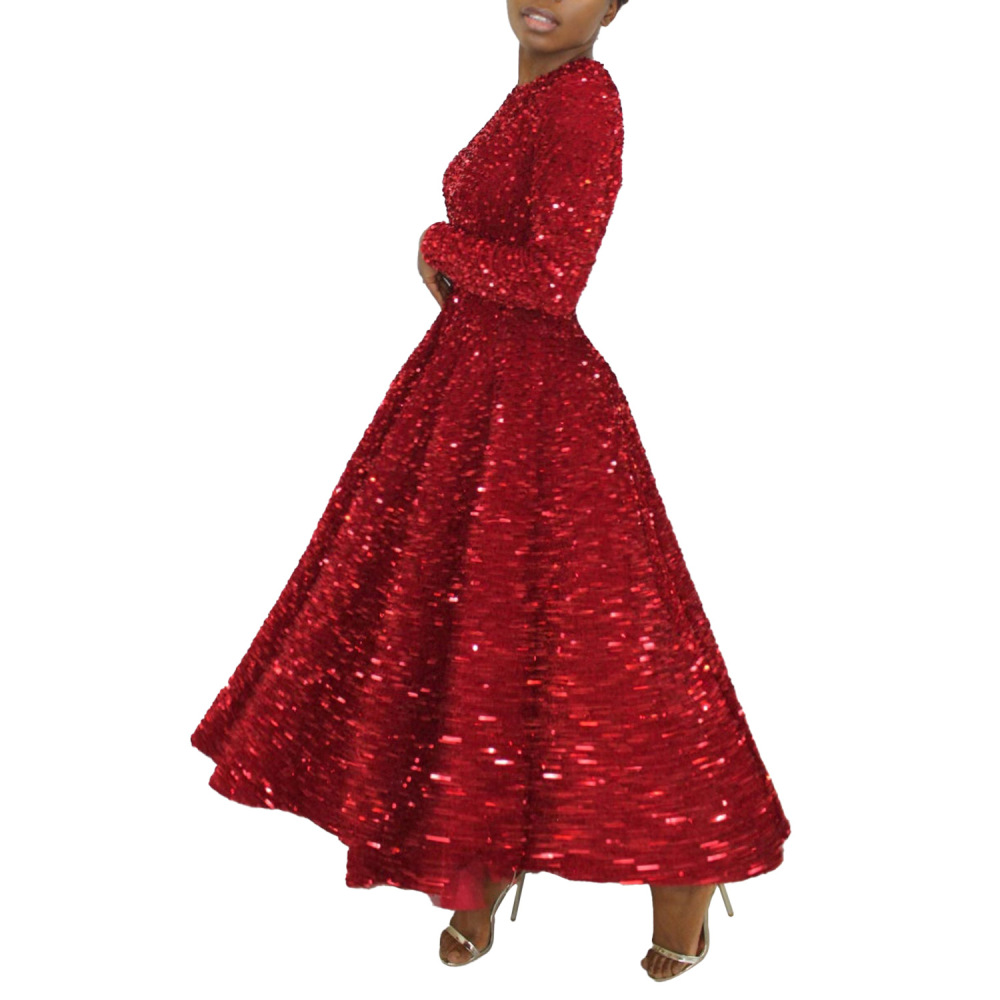 New women's round neck long sleeve solid color sequin high waist temperament mid-length dress-Red