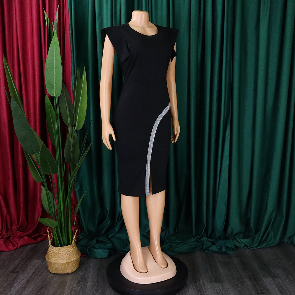 2024 Summer New Short Sleeve Package Hip Tight Temperament Tongle Split Bright Edge Foreign Trade Dresses