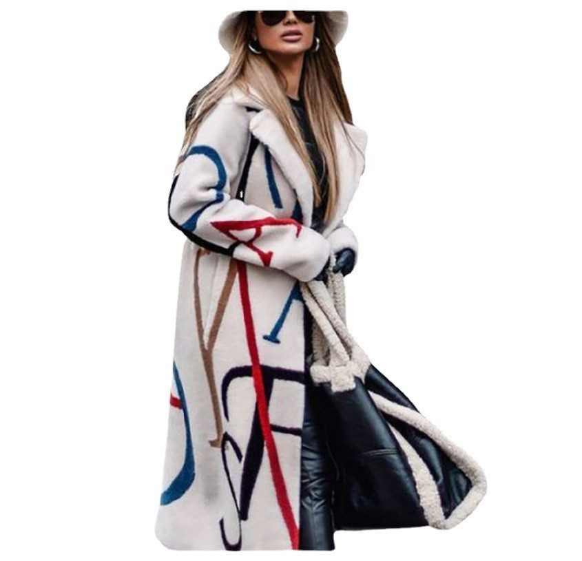 2024 fall and winter new women's loose big yards printed trench coat lapel coat coat women