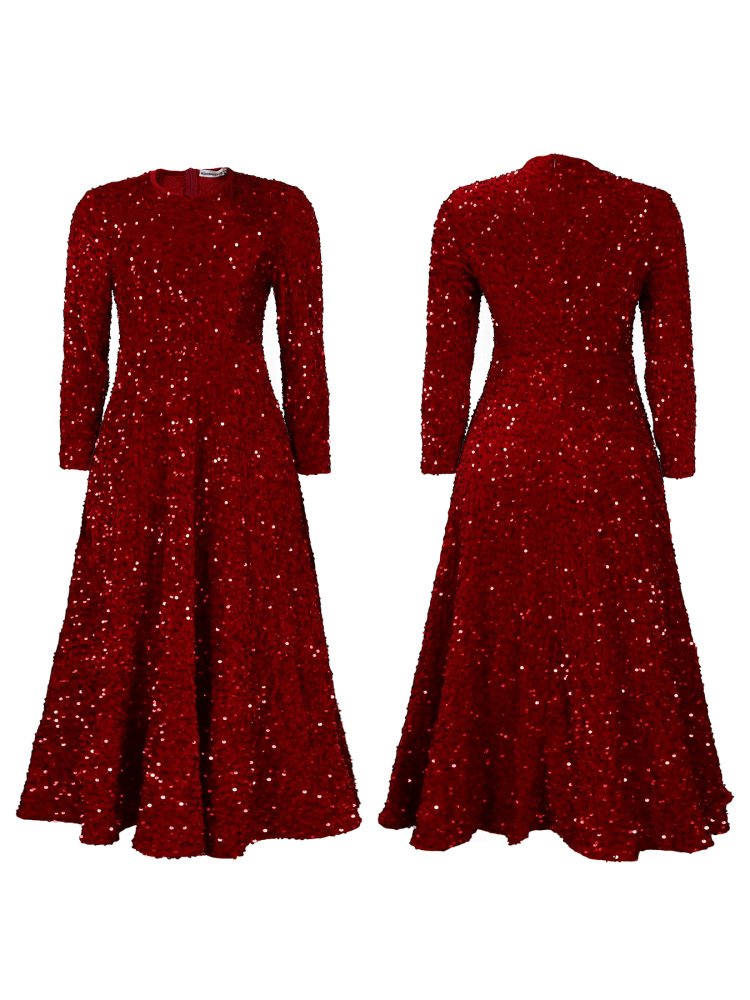 New women's round neck long sleeve solid color sequin high waist temperament mid-length dress-Red