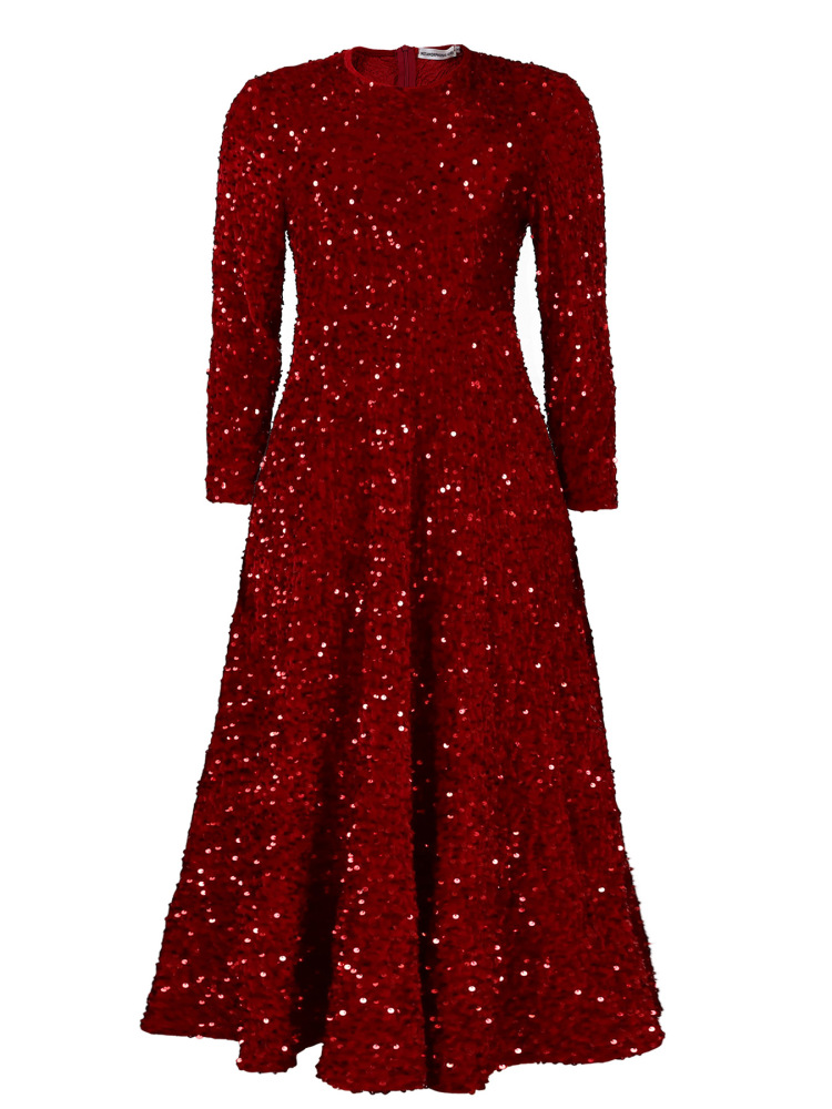 New women's round neck long sleeve solid color sequin high waist temperament mid-length dress-Red
