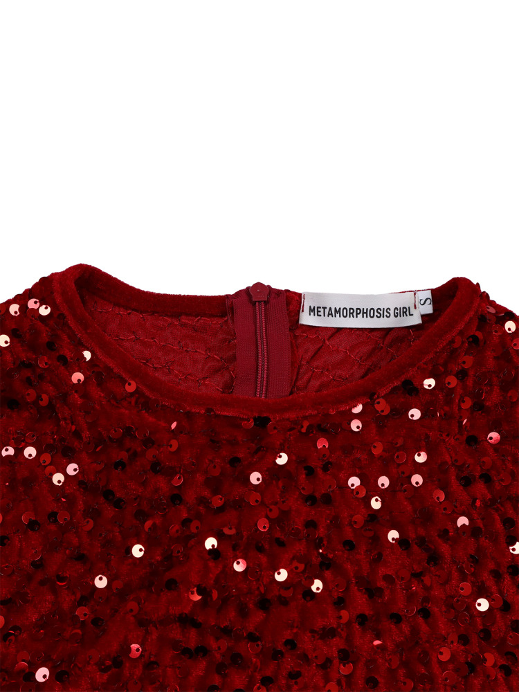 New women's round neck long sleeve solid color sequin high waist temperament mid-length dress-Red