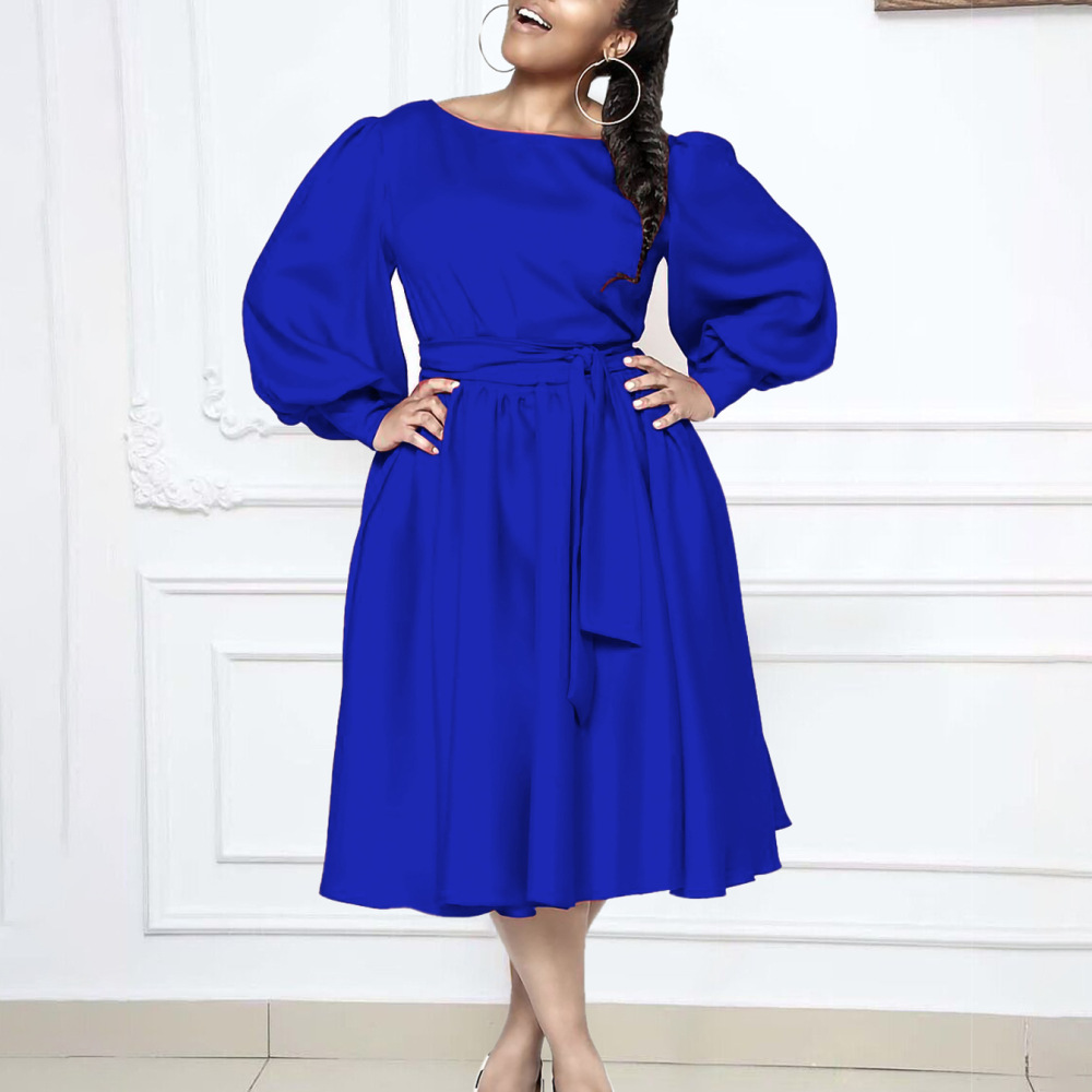 2024 new long-sleeved round neck strap solid color A-line skirt dress