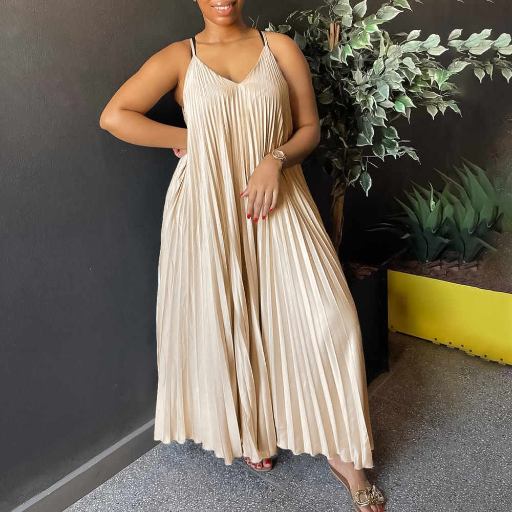 2024 summer new style sling pleated sexy fashionable A-line skirt long African dress