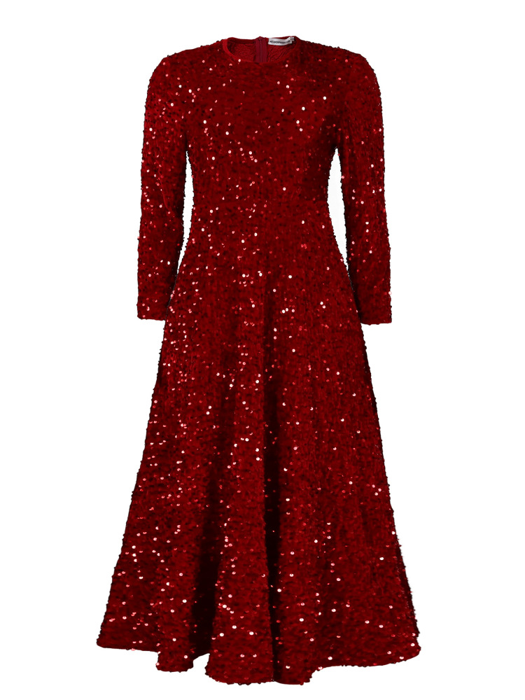 New women's round neck long sleeve solid color sequin high waist temperament mid-length dress-Red